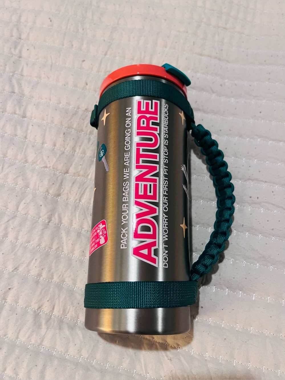 Starbucks Dandy Adventure Bottle with Pink Logo, green Strap and Coral Cap. NWT